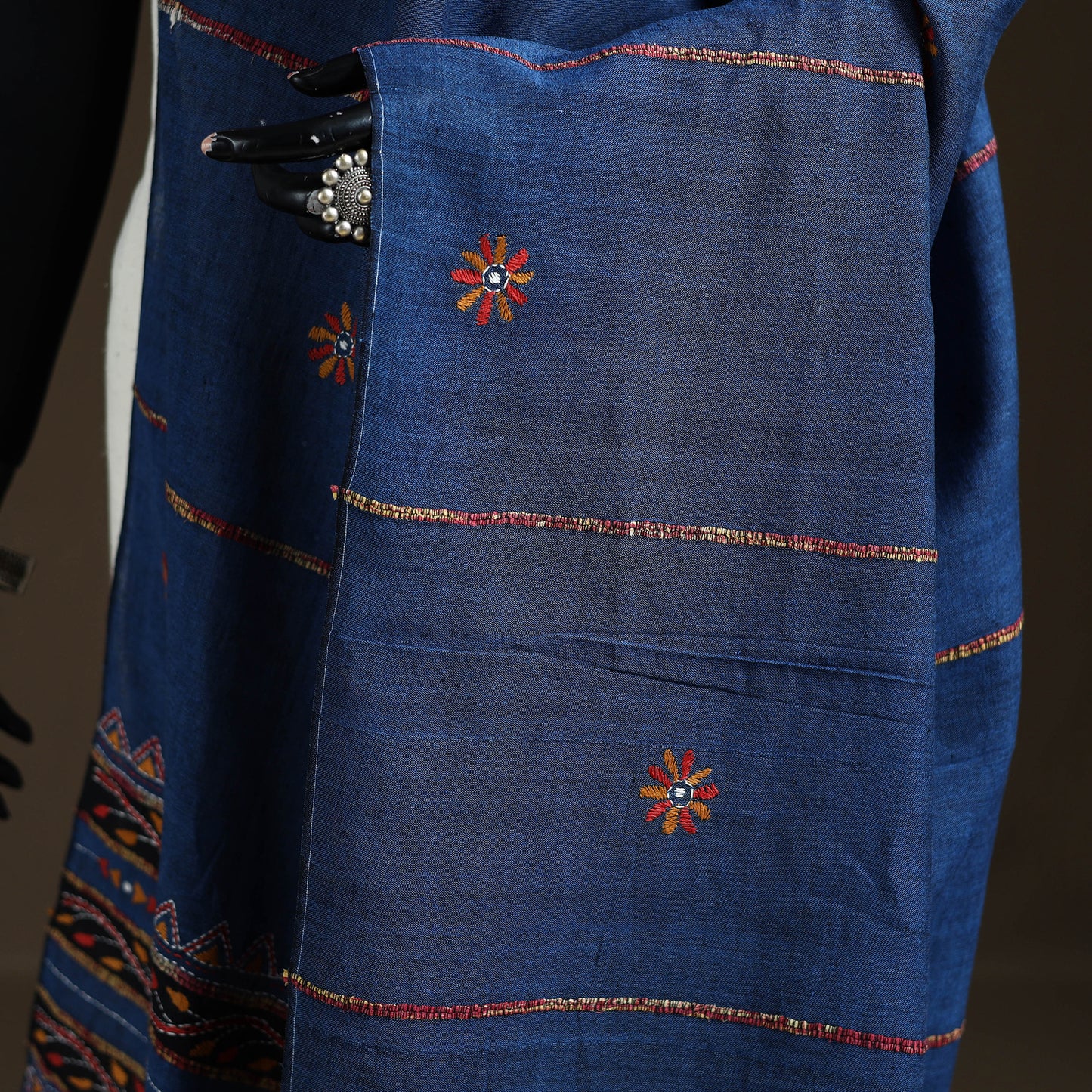 Blue - Kantha Hand Embroidered Khes Handwoven Cotton Dupatta 31