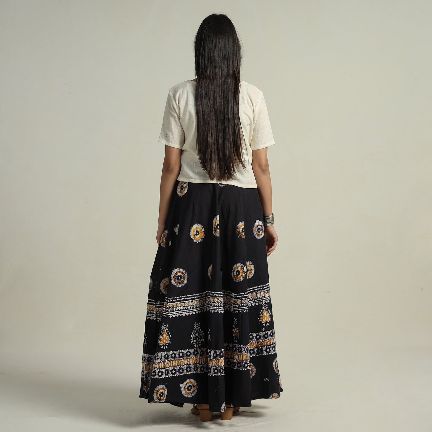 Black - Hand Batik Printed Running Stitch Cotton Long Skirt 40