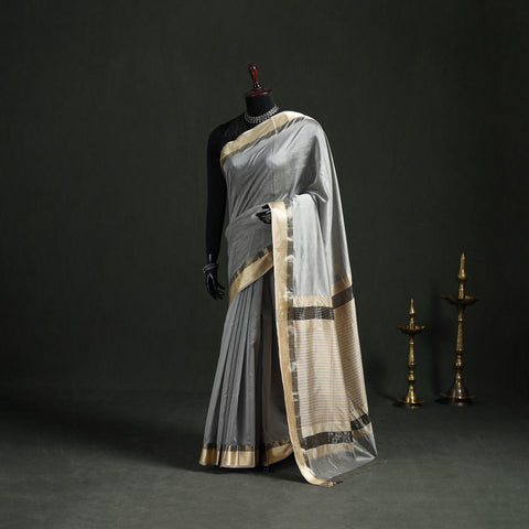 Grey - Handloom Zari Border Maheshwari Silk Saree 13