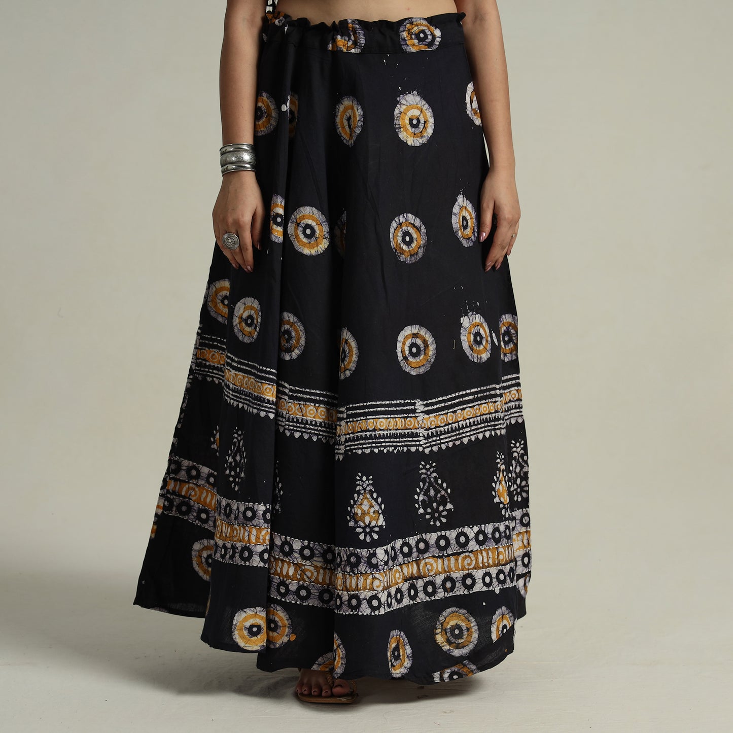 Black - Hand Batik Printed Running Stitch Cotton Long Skirt 40