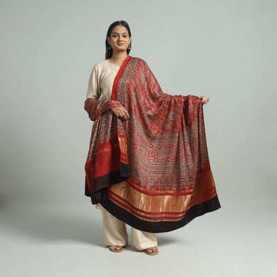 Red - Ajrakh Modal Silk Dupatta with Zari Border 19