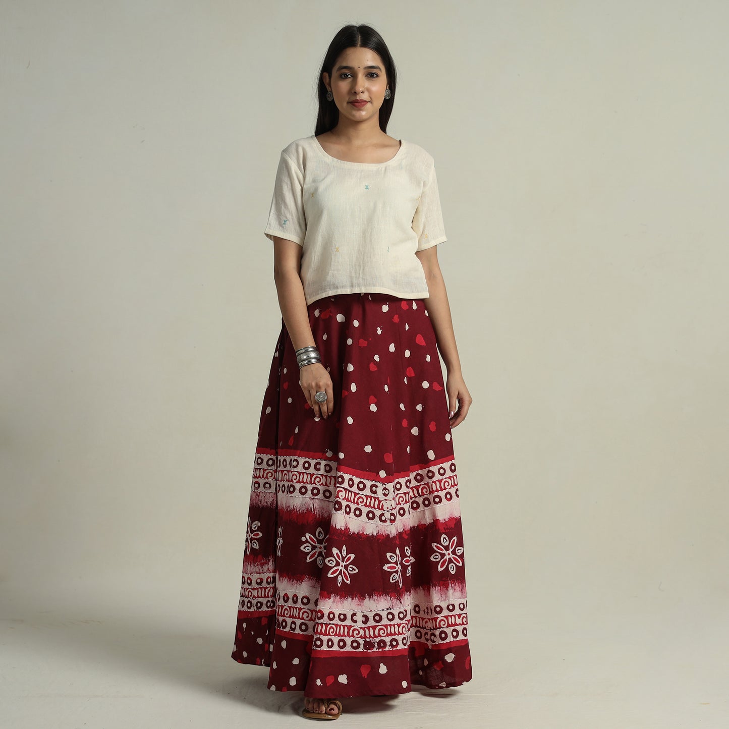 Maroon - Hand Batik Printed Running Stitch Cotton Long Skirt 41