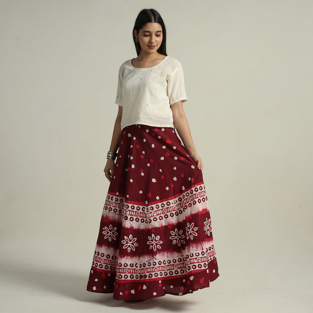 Maroon - Hand Batik Printed Running Stitch Cotton Long Skirt 41