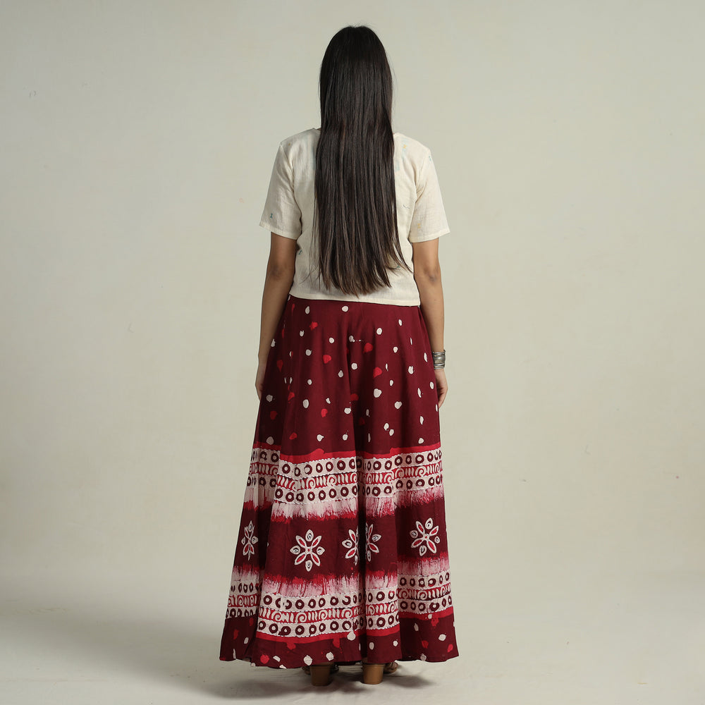 Maroon - Hand Batik Printed Running Stitch Cotton Long Skirt 41