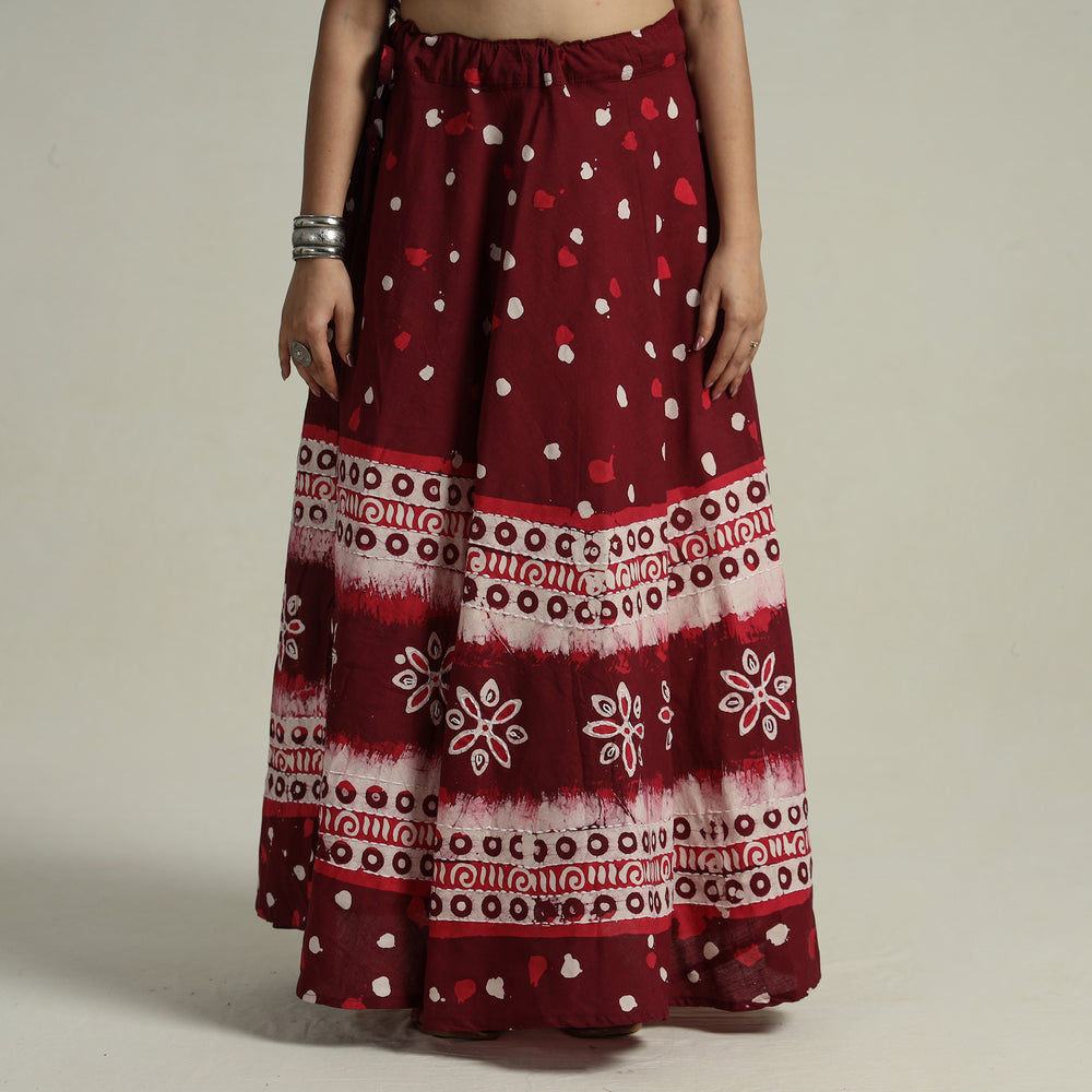 Maroon - Hand Batik Printed Running Stitch Cotton Long Skirt 41