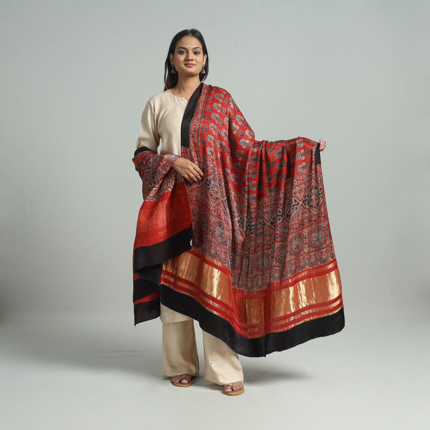 Red - Ajrakh Modal Silk Dupatta with Zari Border 20