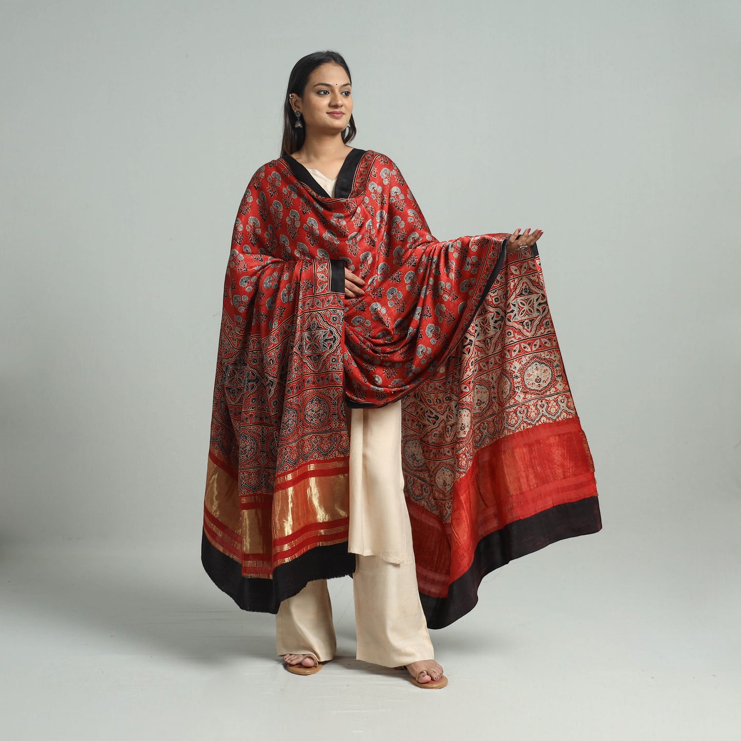 Red - Ajrakh Modal Silk Dupatta with Zari Border 20