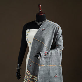 Grey - Kantha Hand Embroidered Khes Handwoven Cotton Dupatta 34