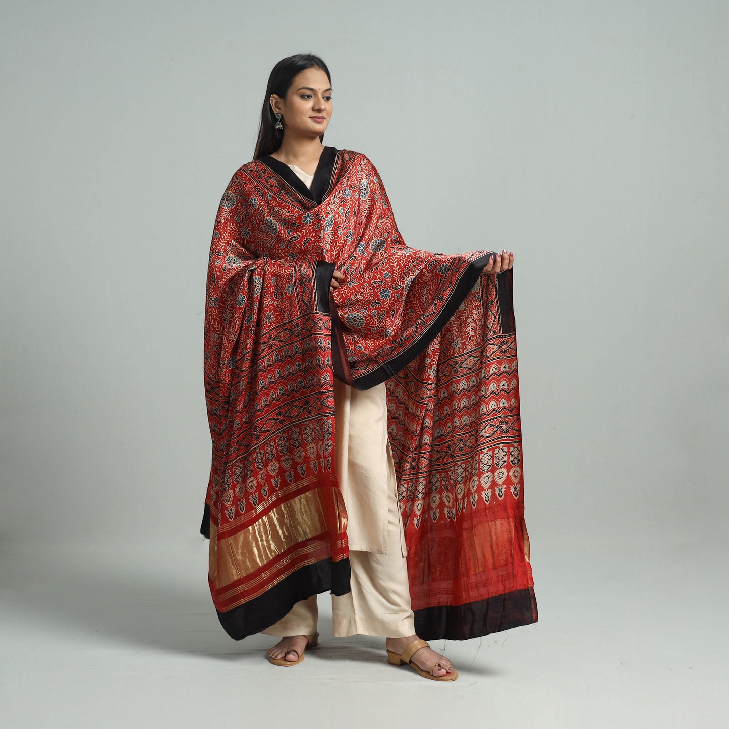 Red - Ajrakh Modal Silk Dupatta with Zari Border 21