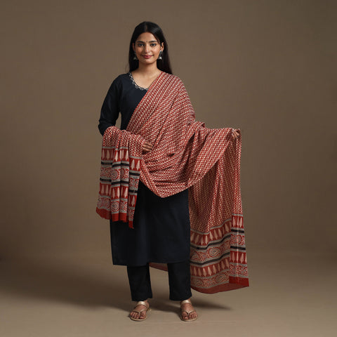 Brown - Block Printed Mul Cotton Bagru Dupatta 17