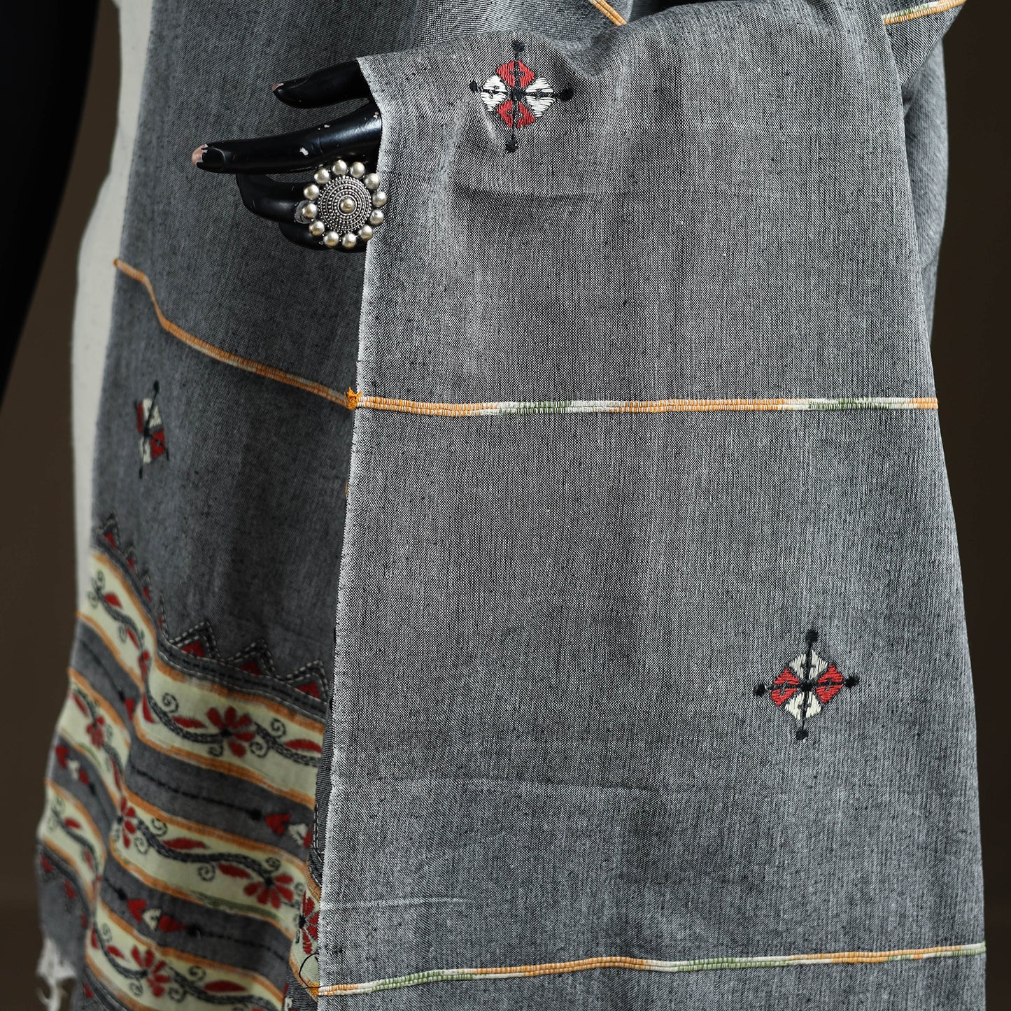 Grey - Kantha Hand Embroidered Khes Handwoven Cotton Dupatta 34