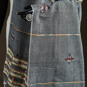 Grey - Kantha Hand Embroidered Khes Handwoven Cotton Dupatta 34