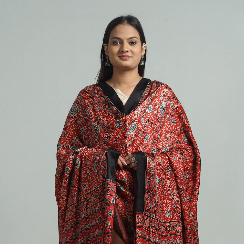 Red - Ajrakh Modal Silk Dupatta with Zari Border 21