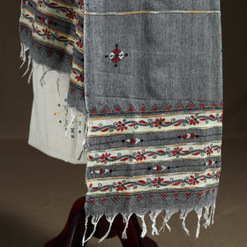 Grey - Kantha Hand Embroidered Khes Handwoven Cotton Dupatta 34