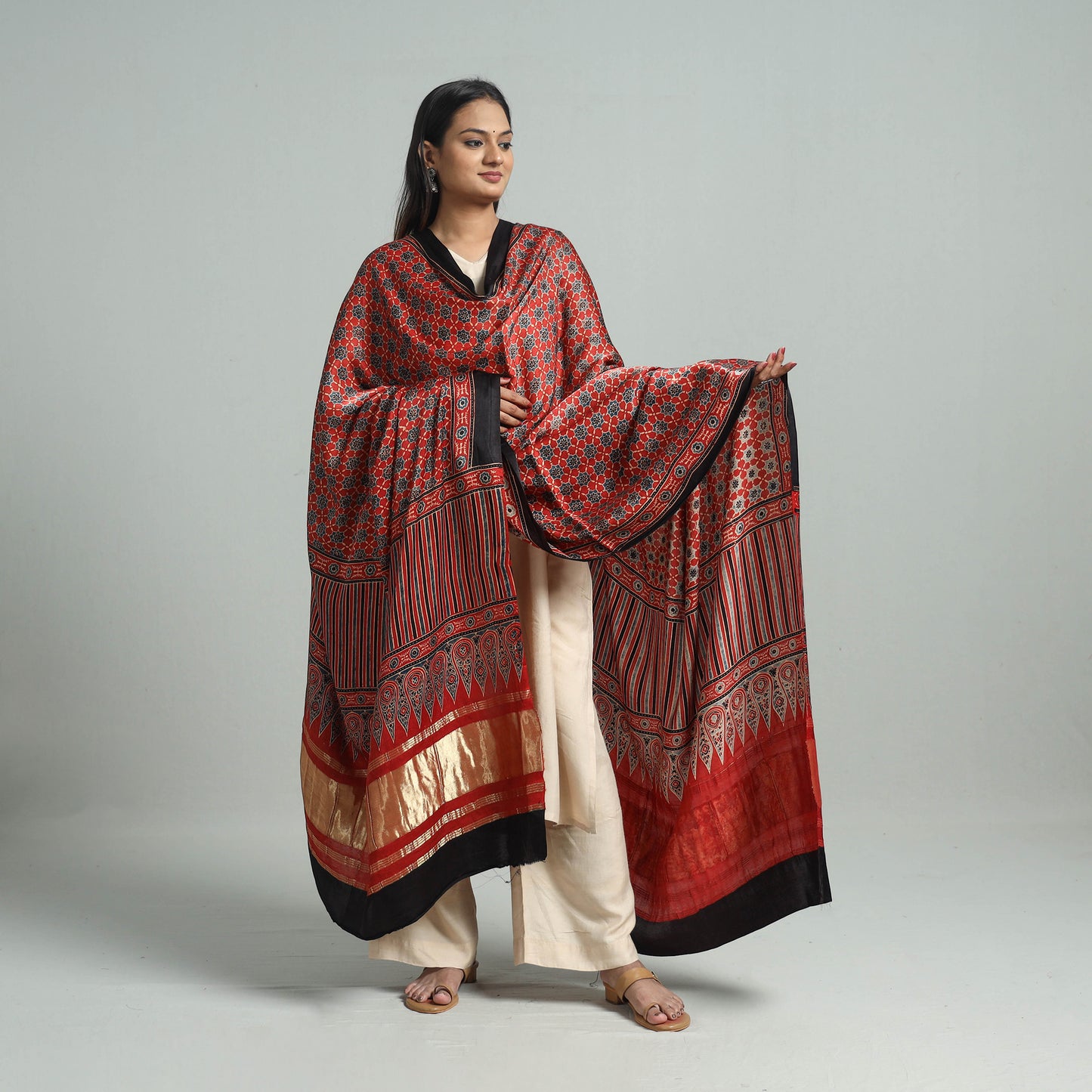 Red - Ajrakh Modal Silk Dupatta with Zari Border 22