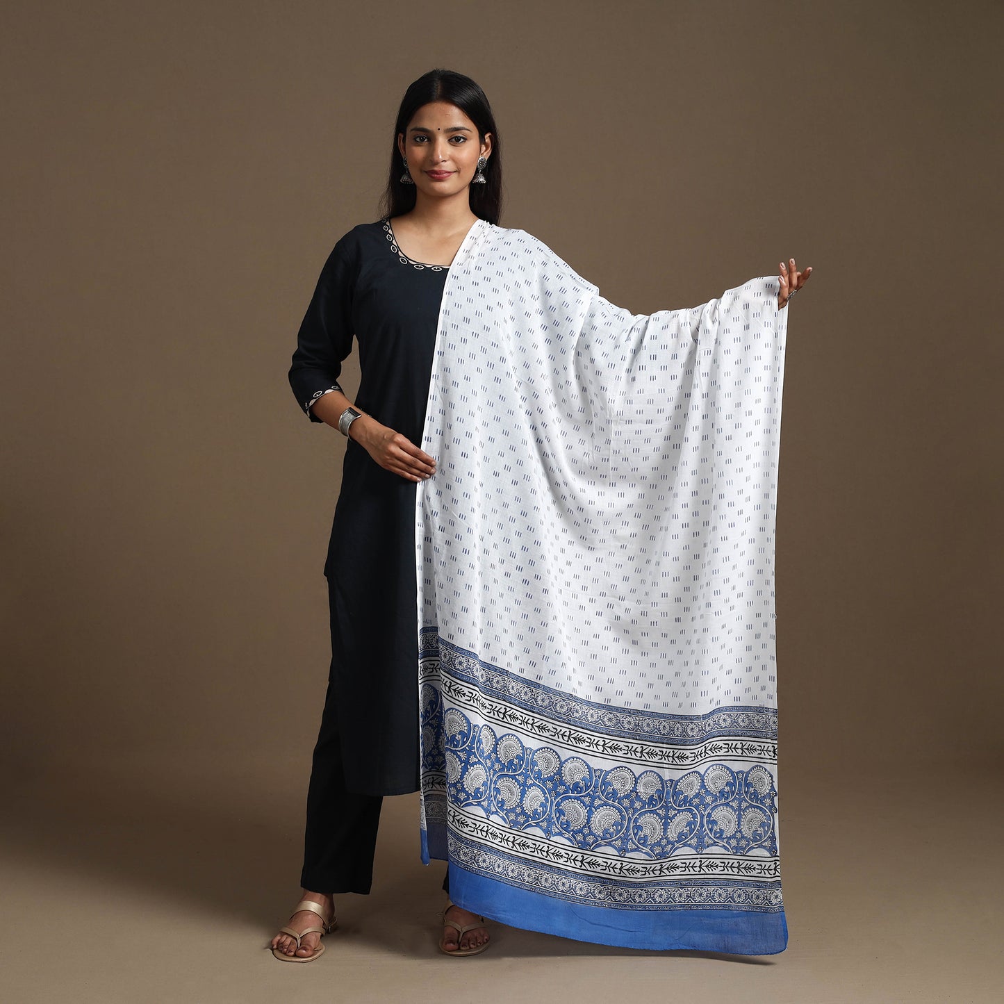 White - Block Printed Mul Cotton Sanganeri Dupatta 18