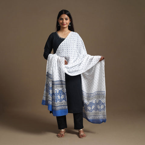 White - Block Printed Mul Cotton Sanganeri Dupatta 18