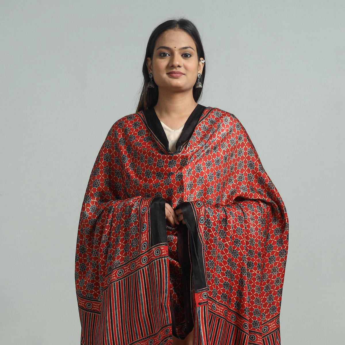 Red - Ajrakh Modal Silk Dupatta with Zari Border 22