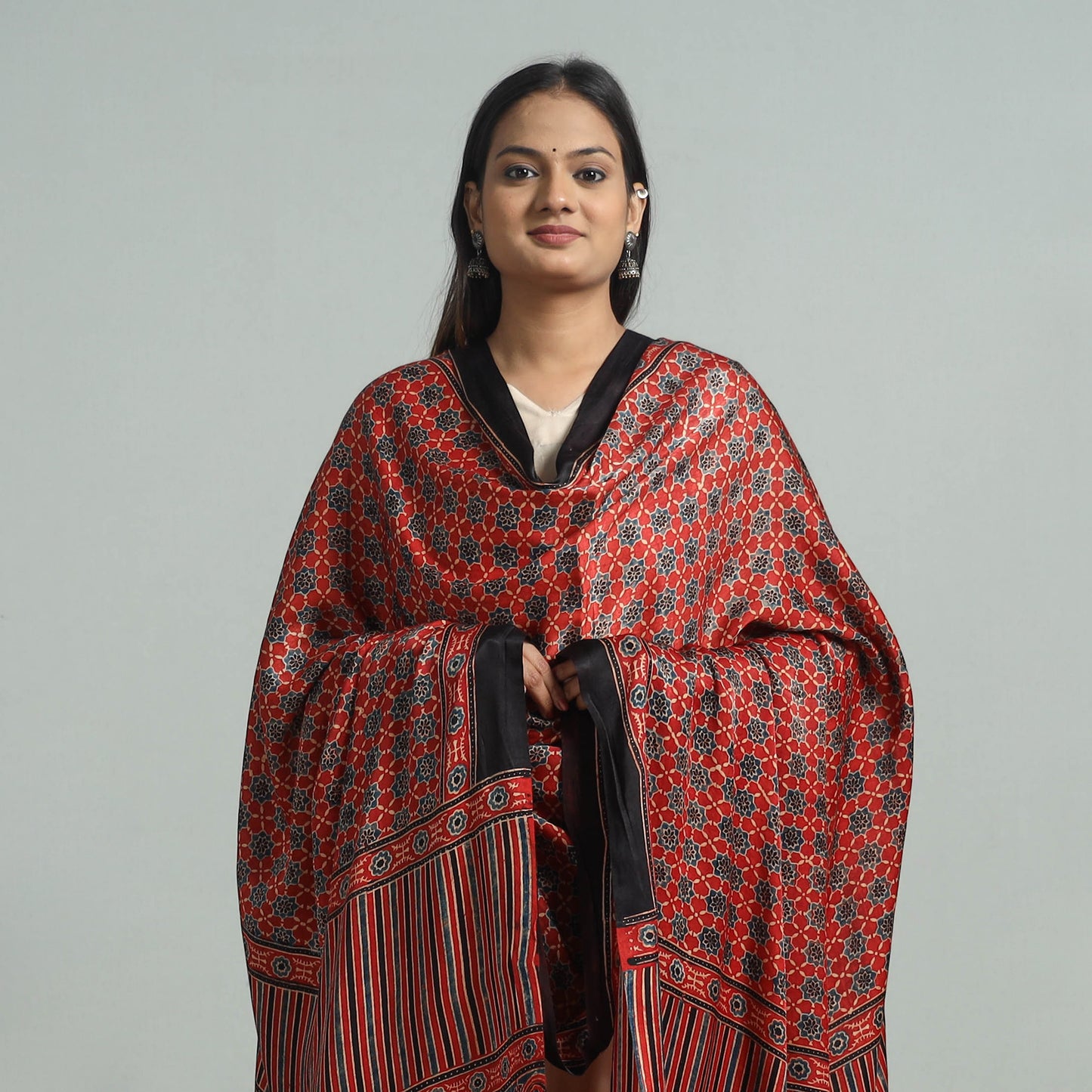 Red - Ajrakh Modal Silk Dupatta with Zari Border 22