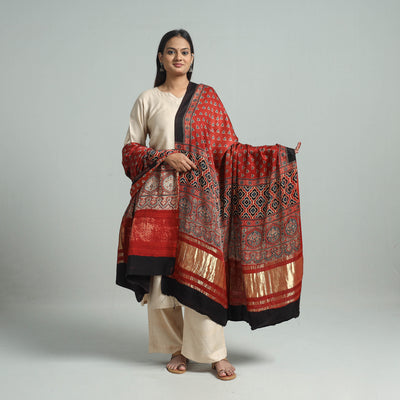 Red - Ajrakh Modal Silk Dupatta with Zari Border 23