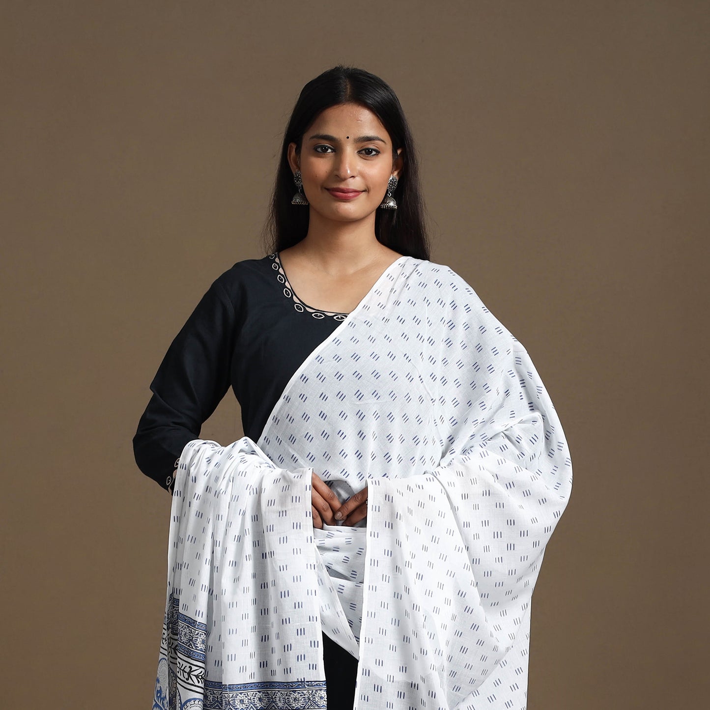 White - Block Printed Mul Cotton Sanganeri Dupatta 18