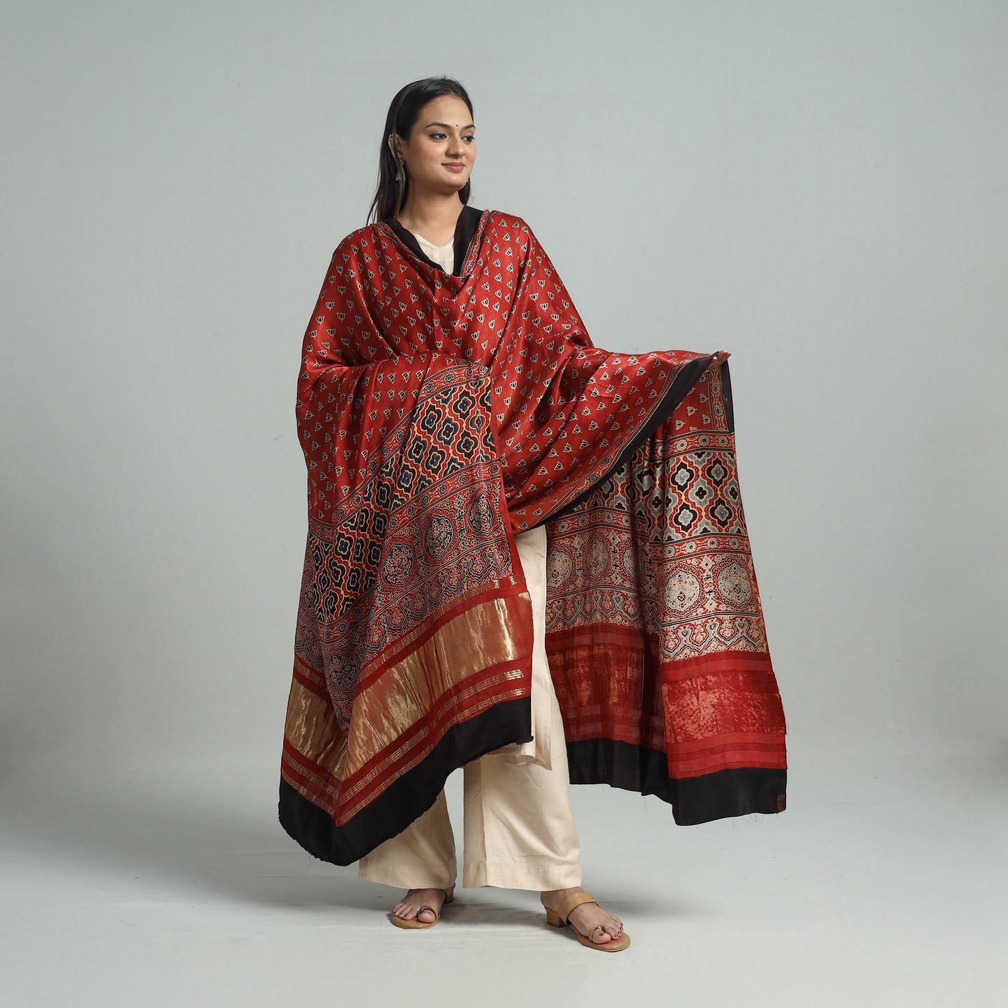 Red - Ajrakh Modal Silk Dupatta with Zari Border 23