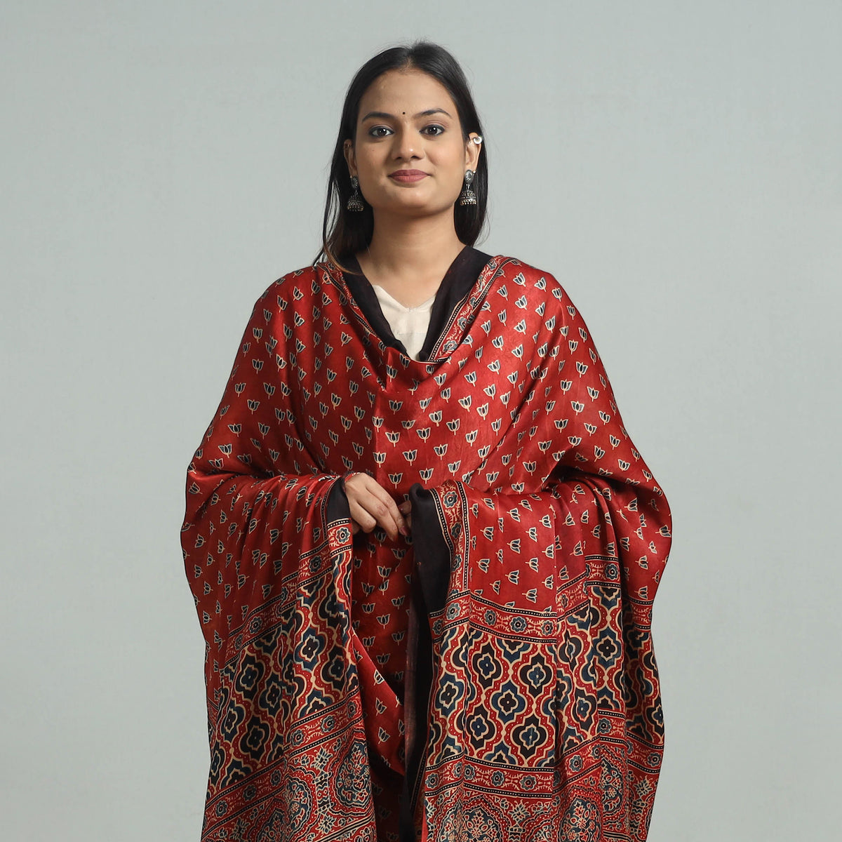 Red - Ajrakh Modal Silk Dupatta with Zari Border 23