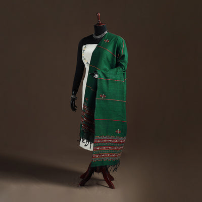 Green - Kantha Hand Embroidered Khes Handwoven Cotton Dupatta 36