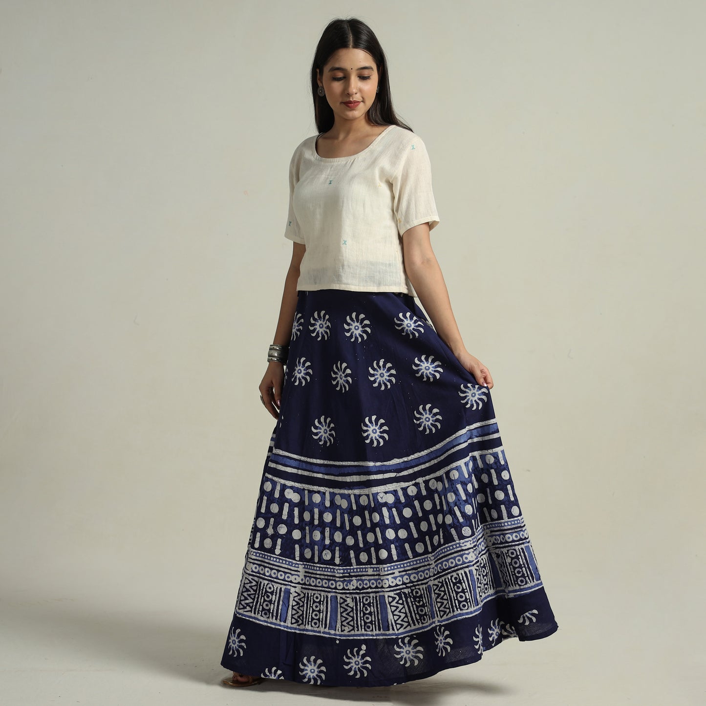 Blue - Hand Batik Printed Running Stitch Cotton Long Skirt 44