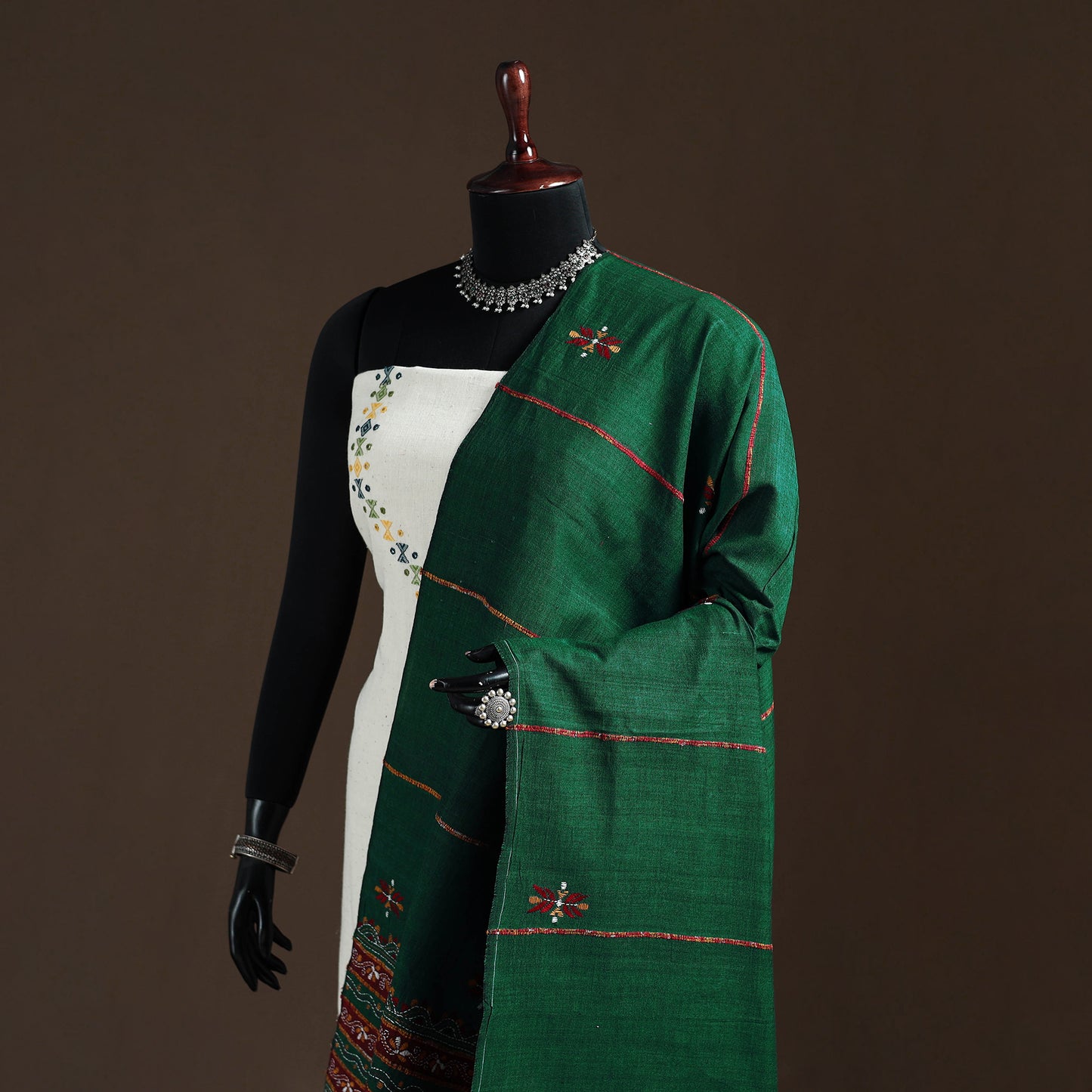 Green - Kantha Hand Embroidered Khes Handwoven Cotton Dupatta 36
