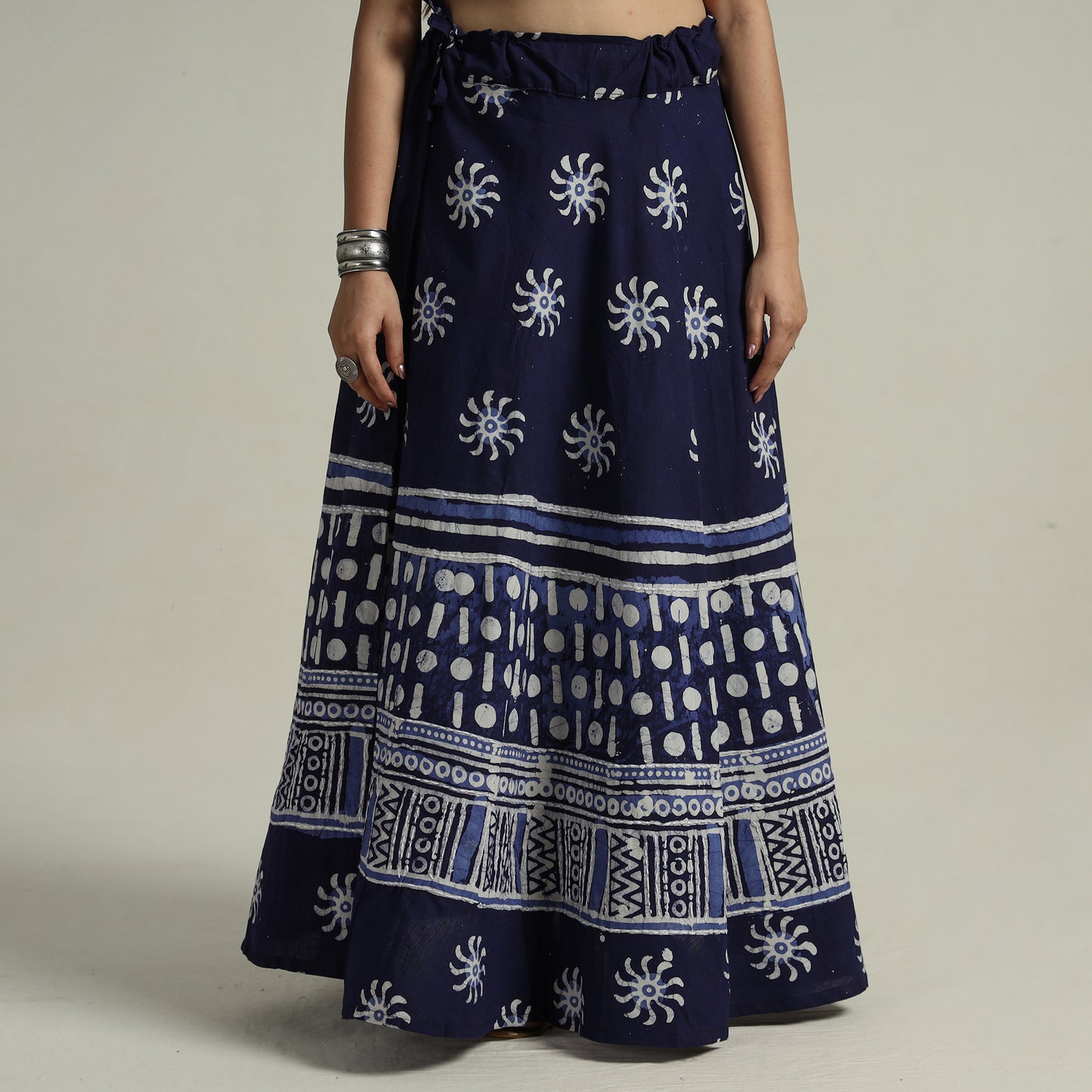 Blue - Hand Batik Printed Running Stitch Cotton Long Skirt 44