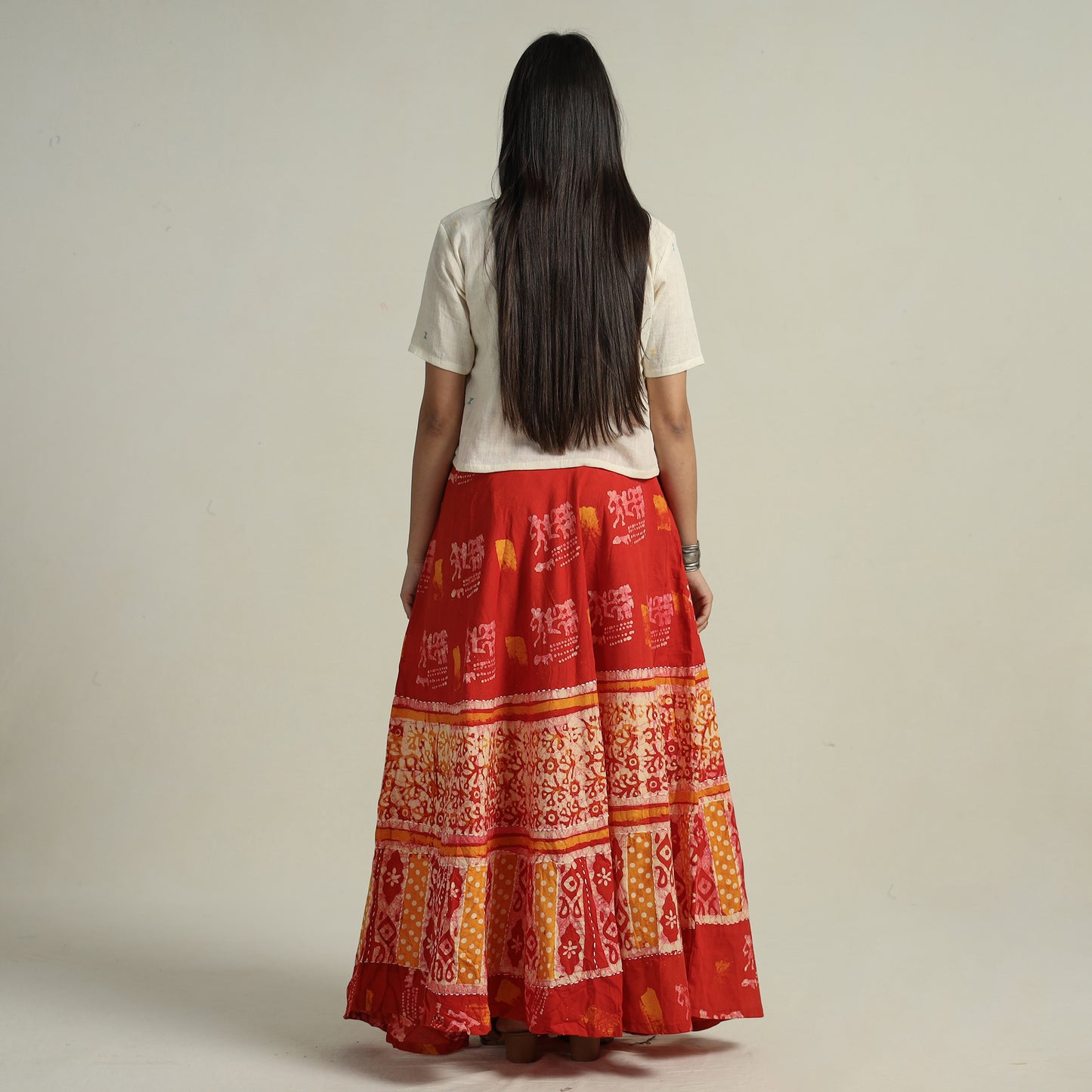 Red - Hand Batik Printed Running Stitch Cotton Long Skirt 45