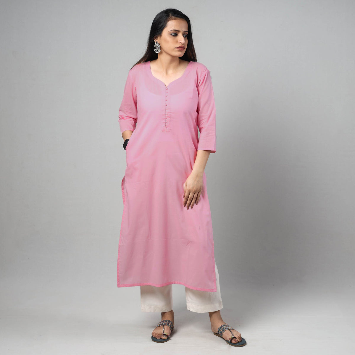 Baby - Pink Plain Cotton Long Straight Kurta 11