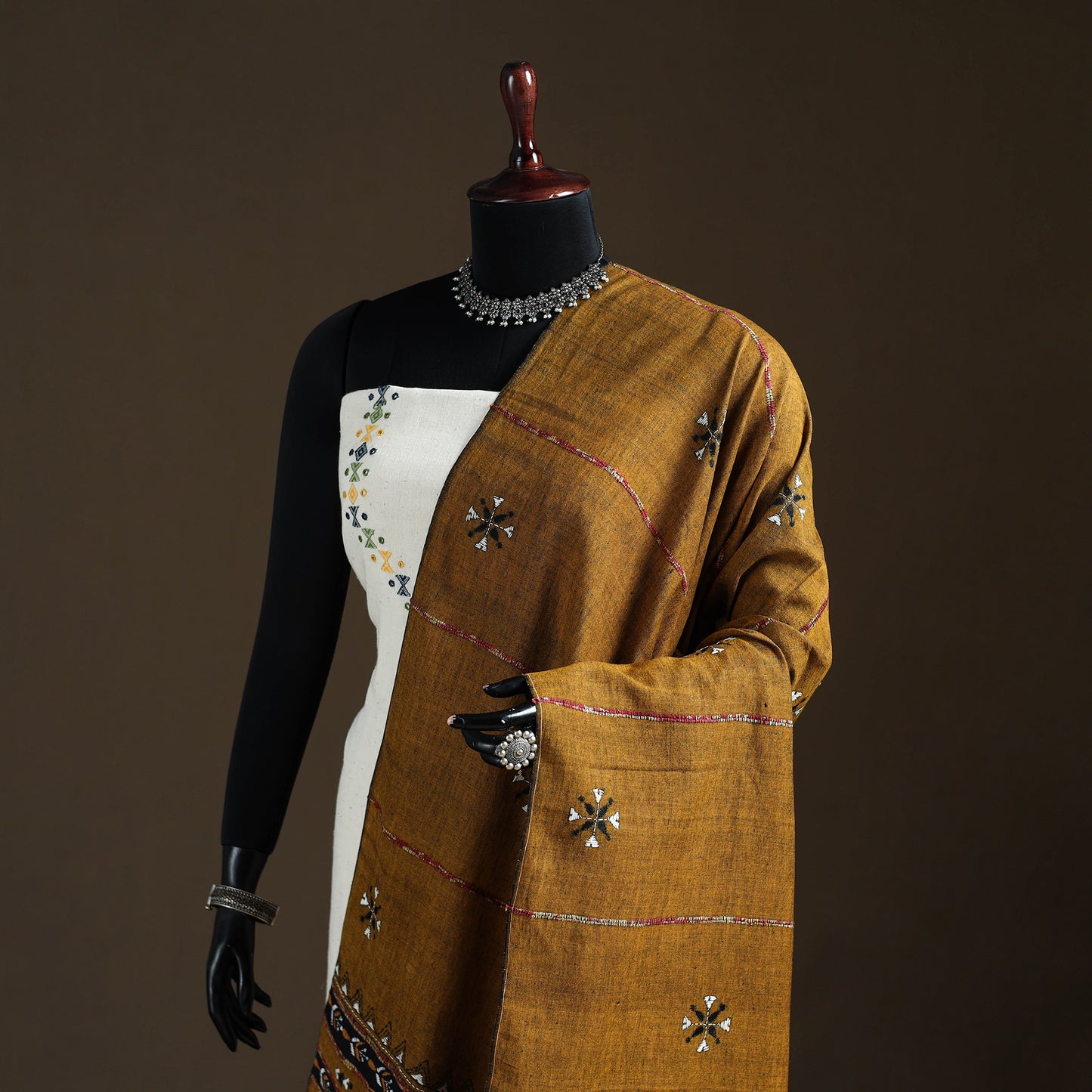 Kantha Hand Embroidered Khes Handwoven Cotton Dupatta 38