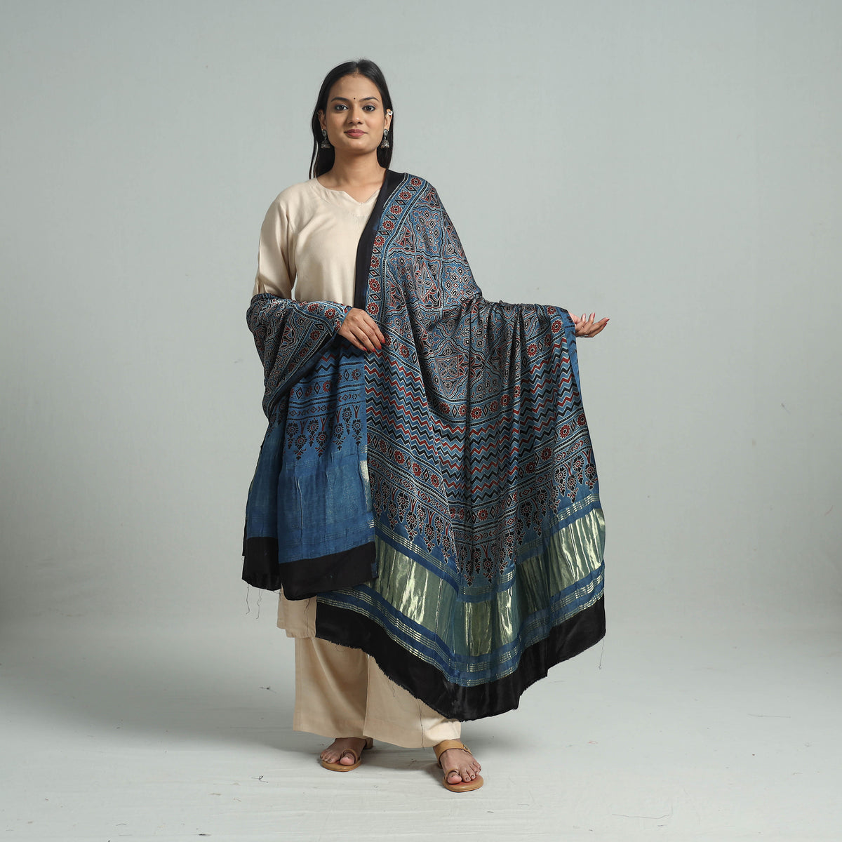 Blue - Ajrakh Modal Silk Dupatta with Zari Border 27