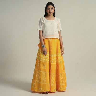 Yellow - Hand Batik Printed Running Stitch Cotton Long Skirt 46