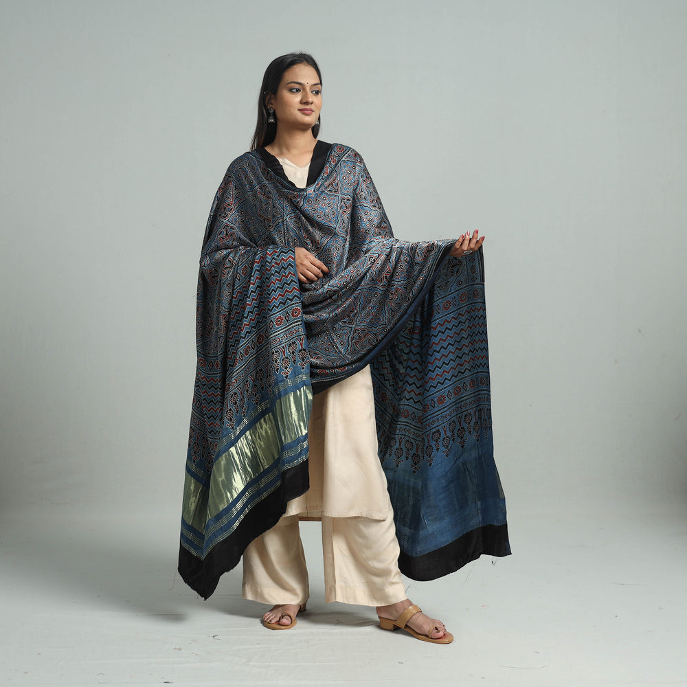 Blue - Ajrakh Modal Silk Dupatta with Zari Border 27