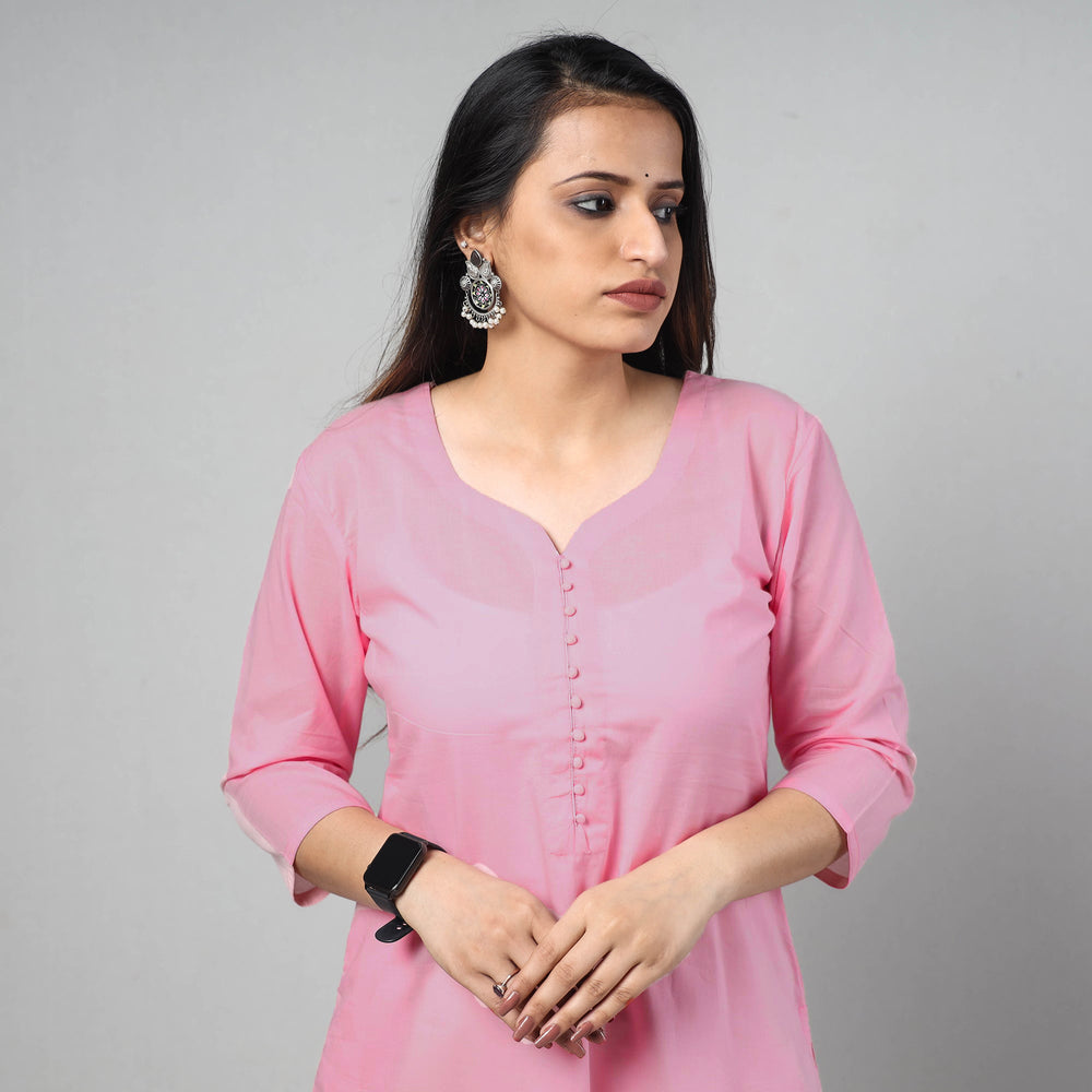 Baby - Pink Plain Cotton Long Straight Kurta 11