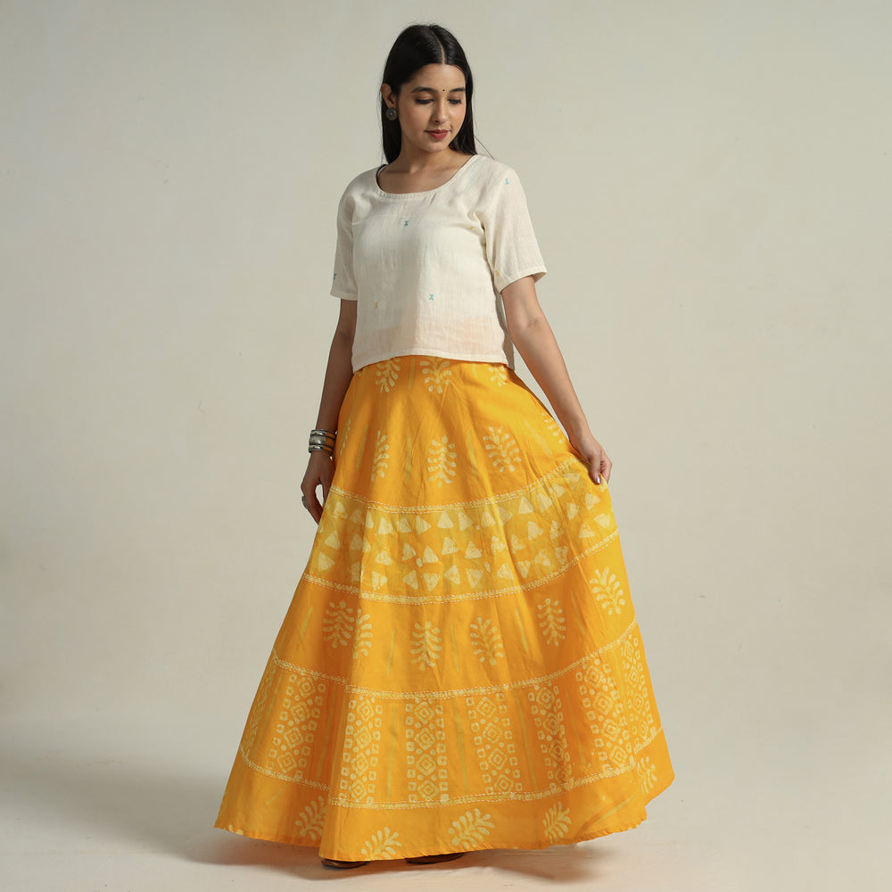 Yellow - Hand Batik Printed Running Stitch Cotton Long Skirt 46