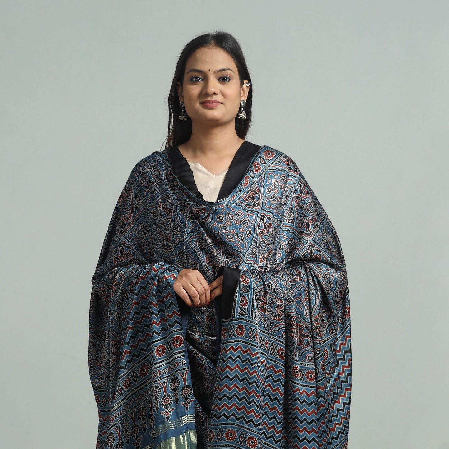 Blue - Ajrakh Modal Silk Dupatta with Zari Border 27