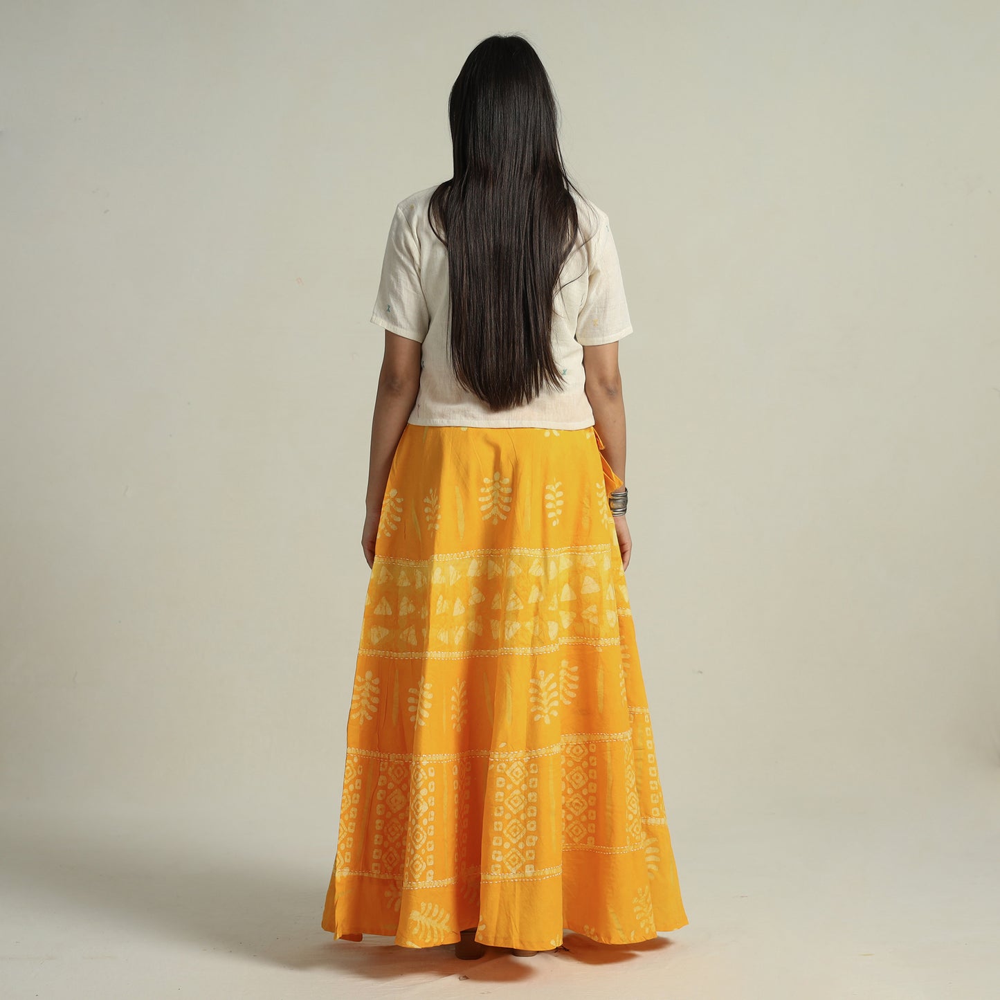 Yellow - Hand Batik Printed Running Stitch Cotton Long Skirt 46