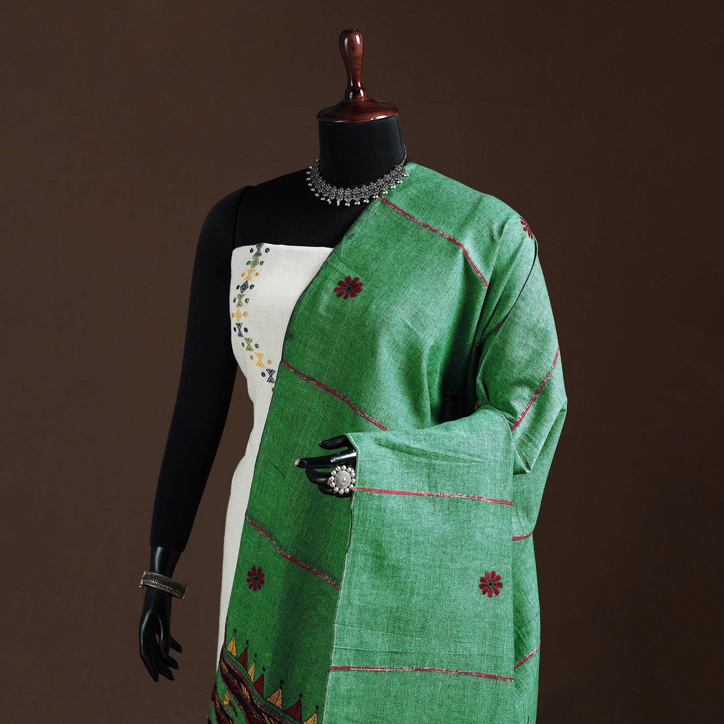 Green - Kantha Hand Embroidered Khes Handwoven Cotton Dupatta 39
