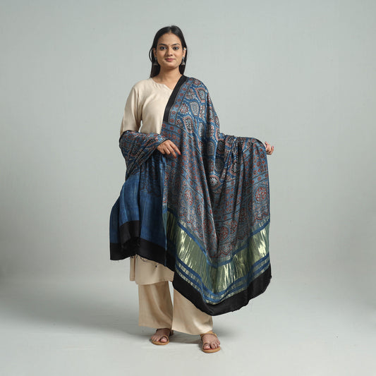 Blue - Ajrakh Modal Silk Dupatta with Zari Border 28