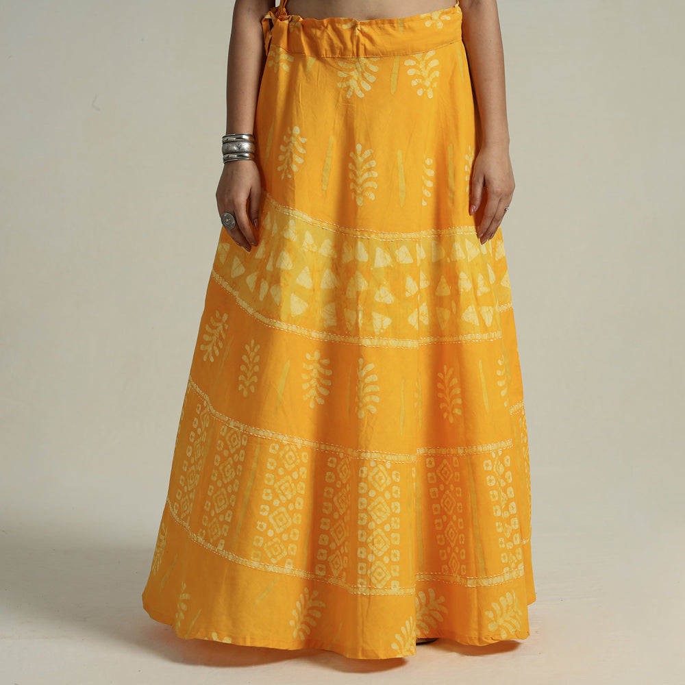 Yellow - Hand Batik Printed Running Stitch Cotton Long Skirt 46