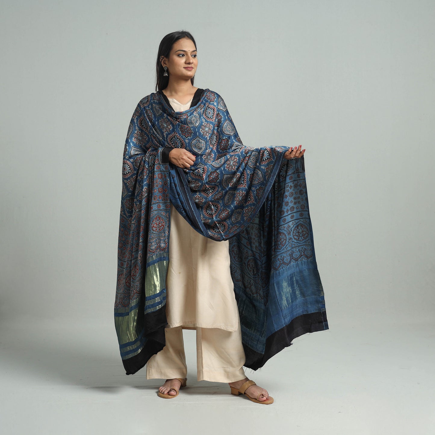 Blue - Ajrakh Modal Silk Dupatta with Zari Border 28