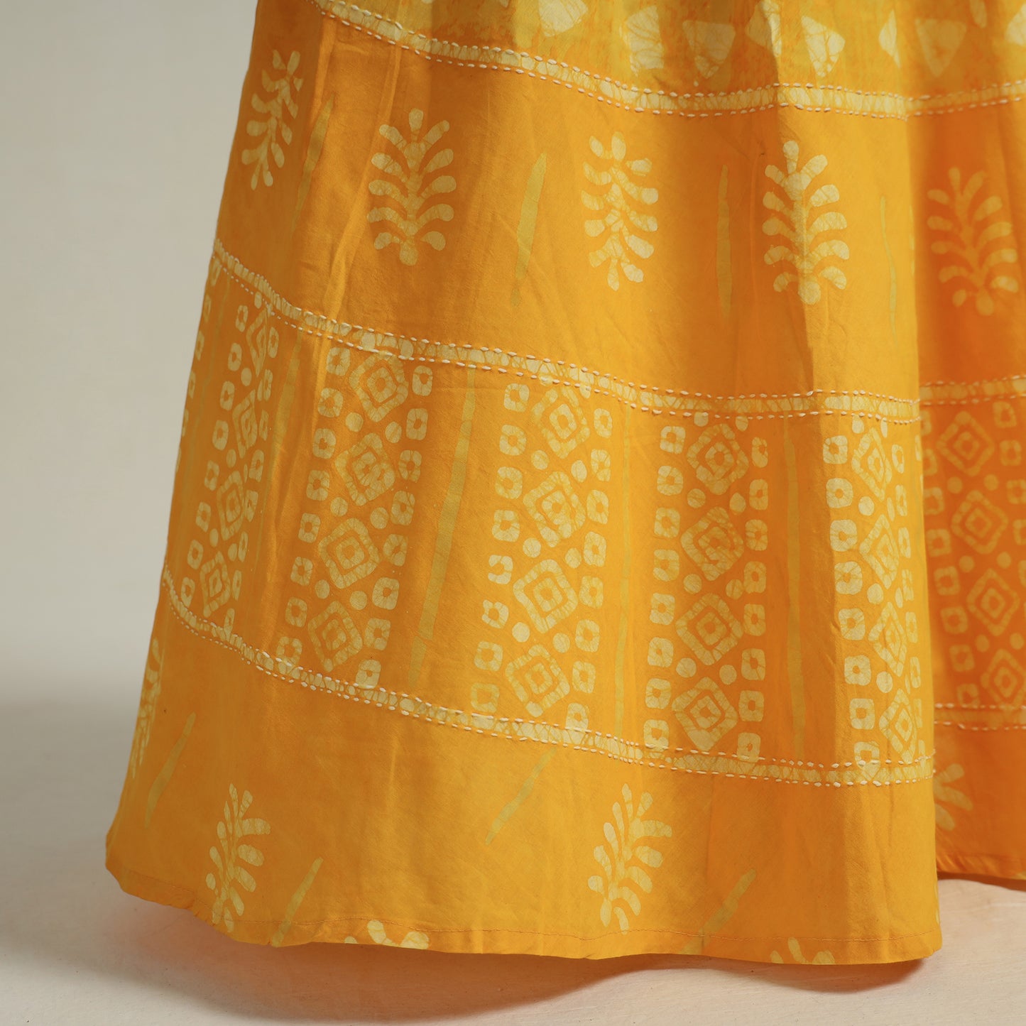 Yellow - Hand Batik Printed Running Stitch Cotton Long Skirt 46