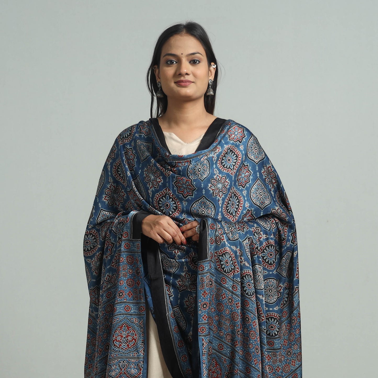 Blue - Ajrakh Modal Silk Dupatta with Zari Border 28