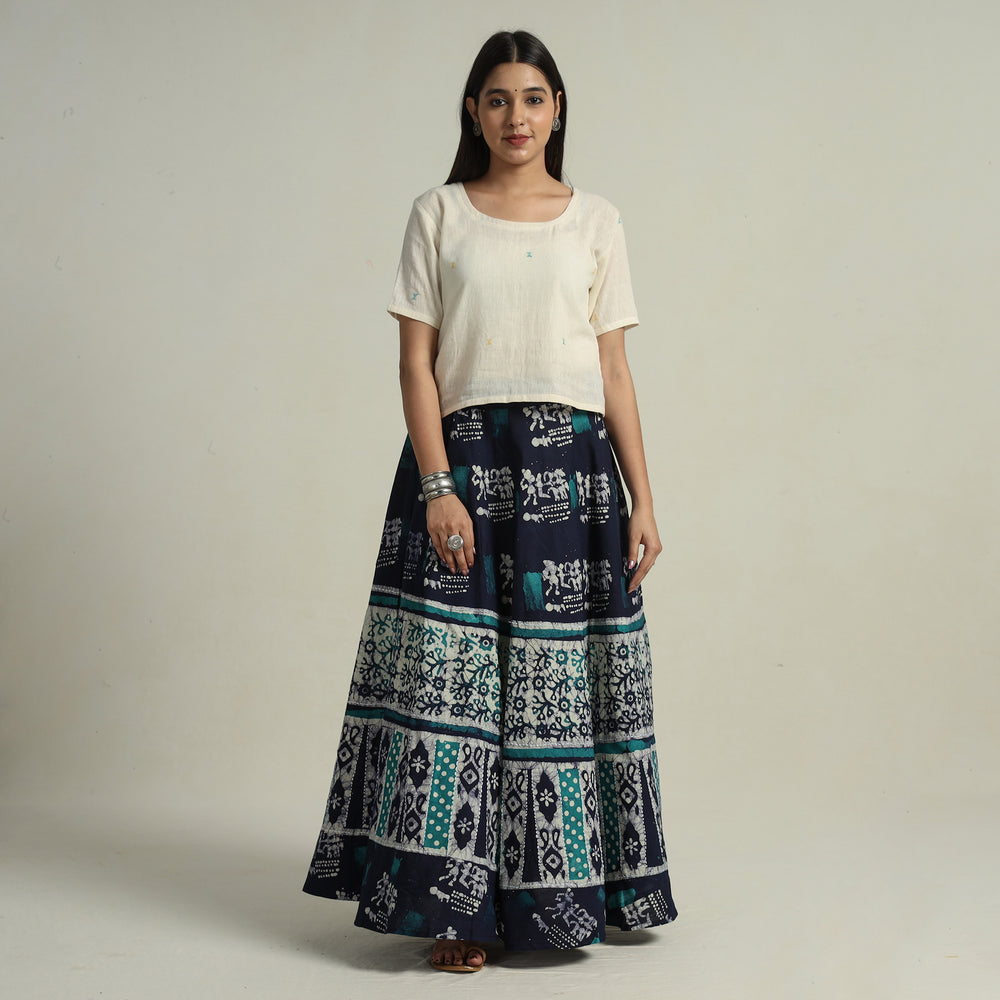 Blue - Hand Batik Printed Running Stitch Cotton Long Skirt 47