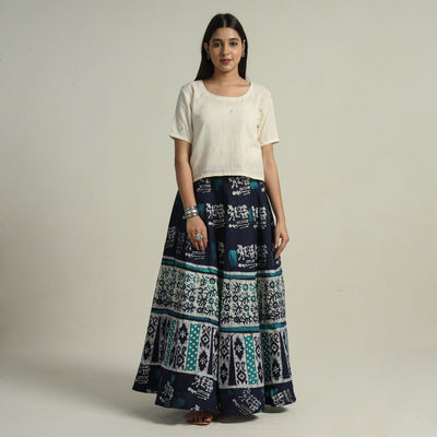 Blue - Hand Batik Printed Running Stitch Cotton Long Skirt 47