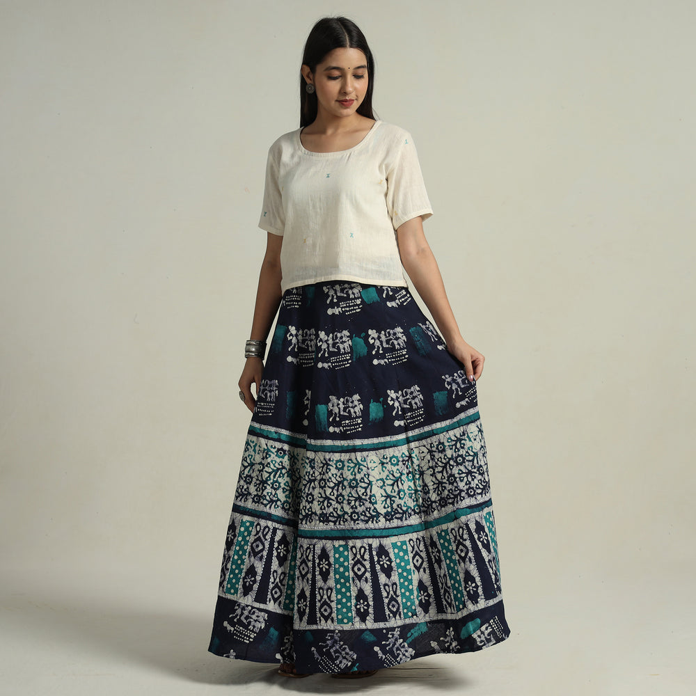 Blue - Hand Batik Printed Running Stitch Cotton Long Skirt 47